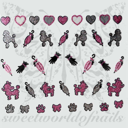 glittery sparkly 3D nail Stickers Pink Hearts Poodle Umbrella Gloves