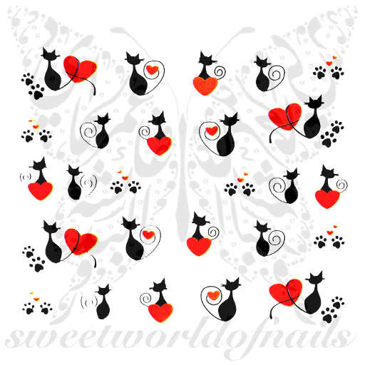 Valentine's Day Nail Art Red Heart Black Cat Nail Water Decals