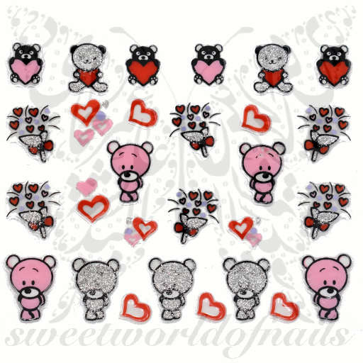 Valentine's Day Nail Art Glittery Teddy Bear Flowers Heart Nail Stickers