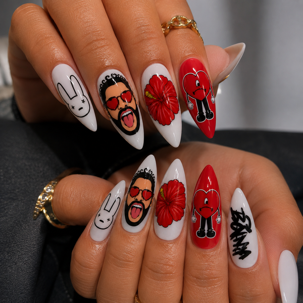 Bad Bunny Nails, Red Black Bunny Heart Flower Nail Art decals