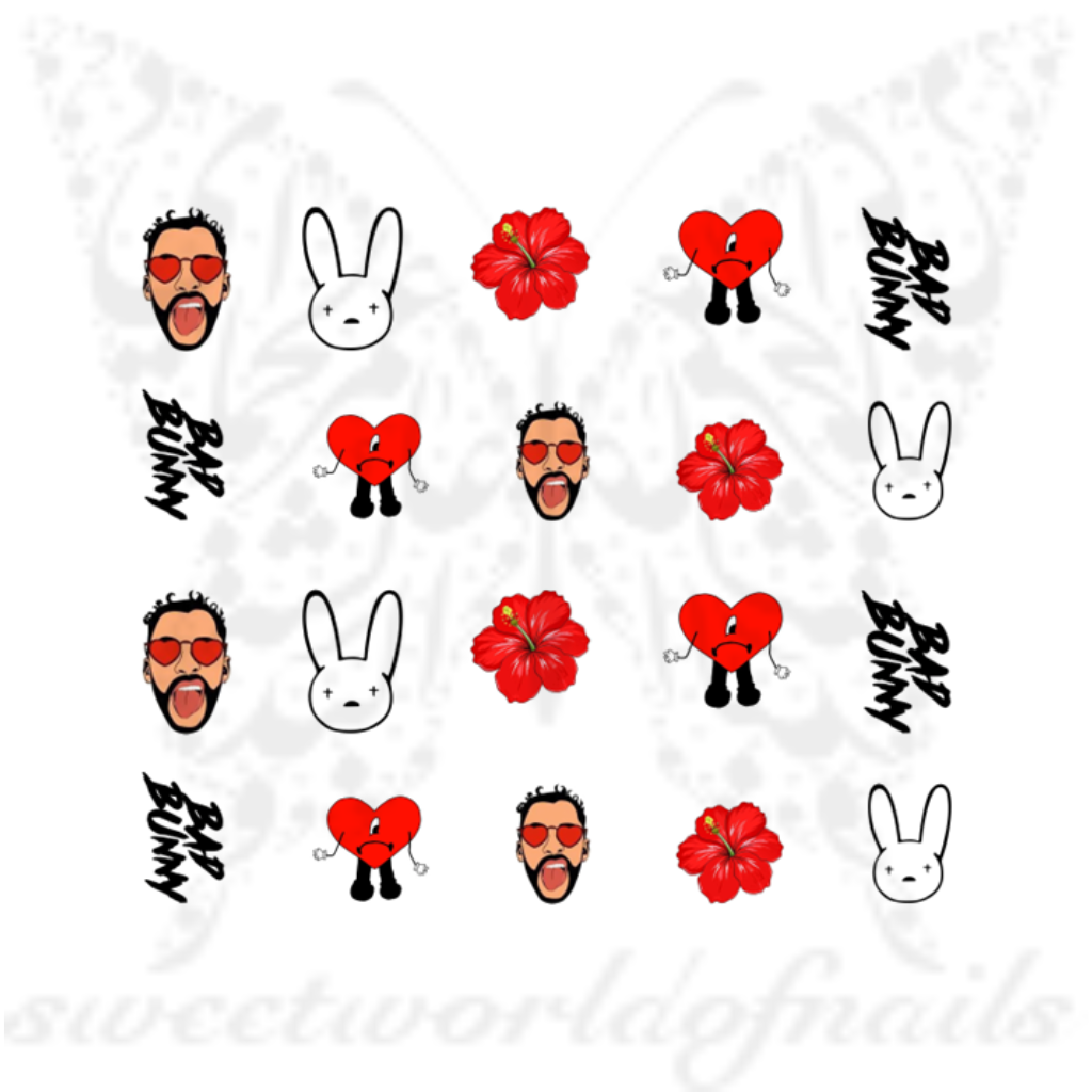 Bad Bunny Nails, Red Black Bunny Heart Flower Nail Art decals