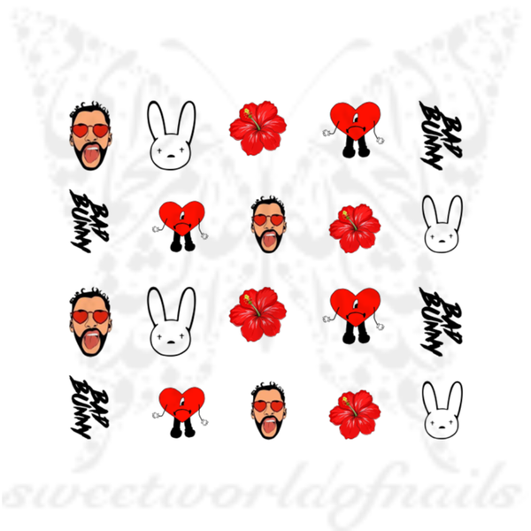 Bad Bunny Nails, Red Black Bunny Heart Flower Nail Art decals
