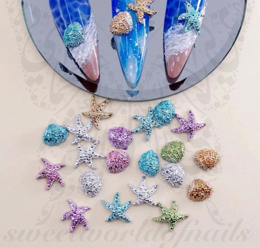 3d glitter starfish shell nail art decoration charms / 6pcs