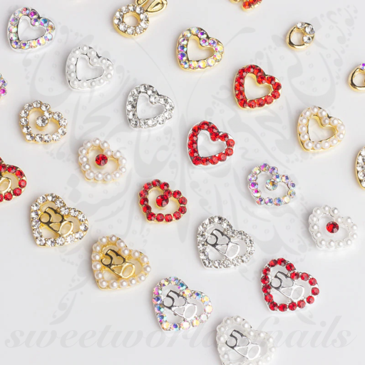 Crystal Rhinestone Hollow Heart 3D Nail Art Set Of 5 Glass Gold Charms Love