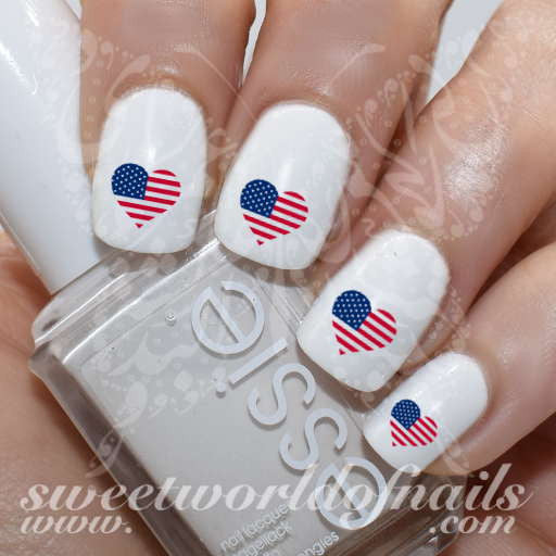 4th Of July Nail Art USA Flag Heart Nail Water Decals Slides