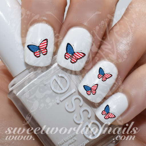 4th of July Nail Art USA Flag Butterfly Nail Water Decals Transfers Wraps