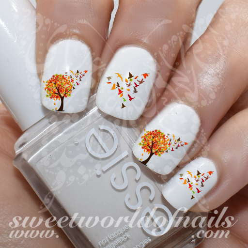 Autumn Nail Art Autumn Tree Falling Leaves and Flying Birds Nail Water Decals Water Slides