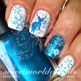Christmas Nail Art blue and white snowflakes Blue reindeer Water Decals Water Slides