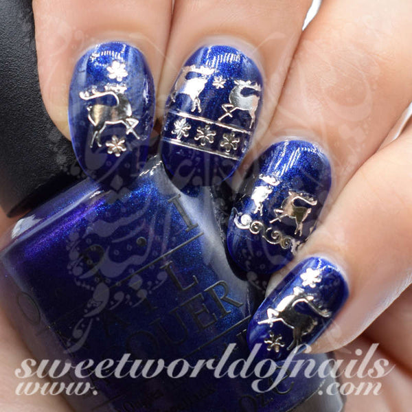 Christmas Nail Art Silver Reindeer and Snowflakes Nail Water Decals