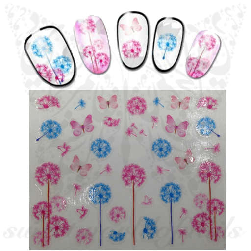 Pink and Blue Dandelion Nail Art Nail Stickers Pink Butterfly