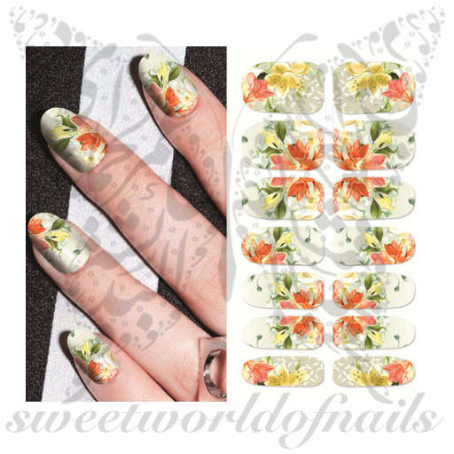 Floral Peach Yellow Flowers Nail Water Full Wraps Transfers