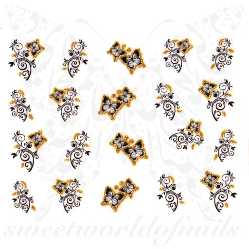 Gold Glittery Swirls and Butterflies Nail Water Decals