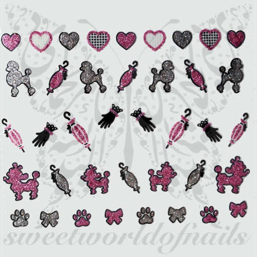 glittery sparkly 3D nail Stickers Pink Hearts Poodle Umbrella Gloves