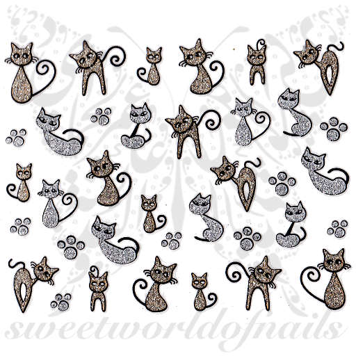 Glittery Silver Gold Cat Nail Stickers