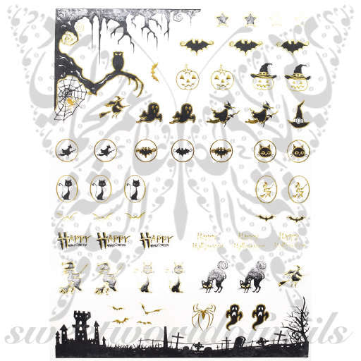 Halloween Nail Art Gold Cats Bats and Pumpkins Water Decals