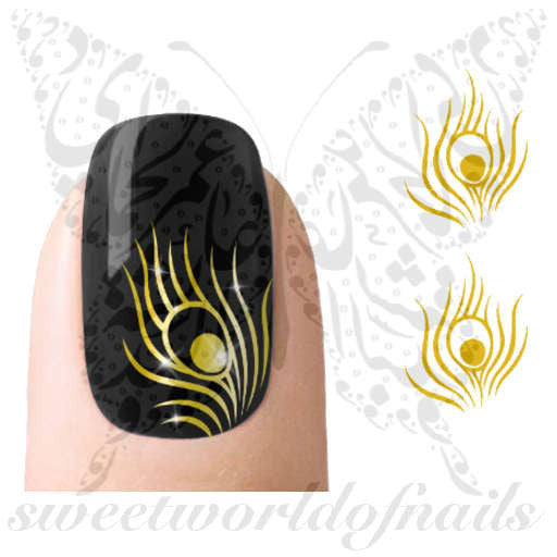 Gold Peacock Feathers Nail Art Nail Water Decals Transfers Wraps