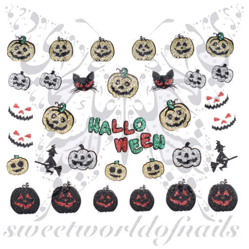 Halloween Nail Art Glittery Stickers Pumpkin Witch Scary Face Cat Nail Stickers