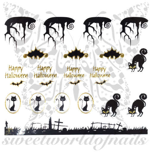 Halloween Nail Art Gold Bats and Cats Nail Water Decals