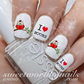 I Love Books Nail Art Owl Reading Nail Water Decals Slides
