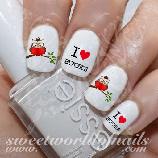 I Love Books Nail Art Owl Reading Nail Water Decals Slides