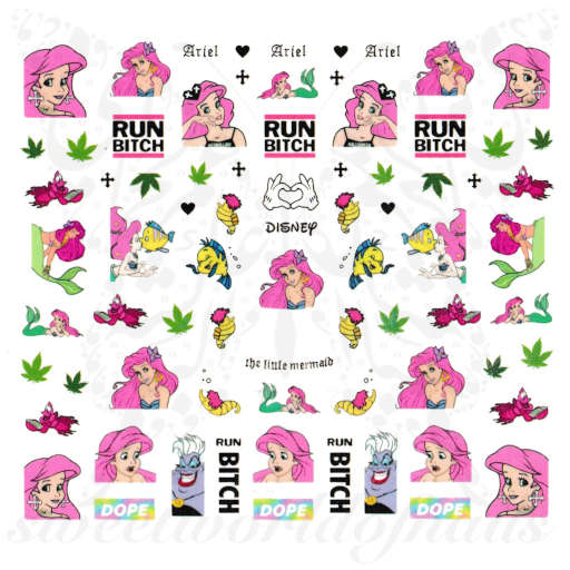 The little mermaid pink Hair Nail Art Water Decals
