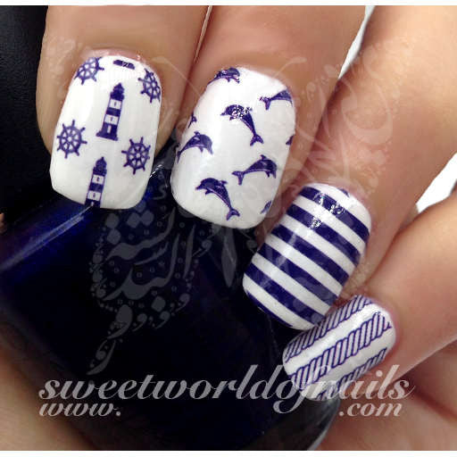 Nautical Nail Art Dolphins Lighthouse Blue stripes Water Full Wraps