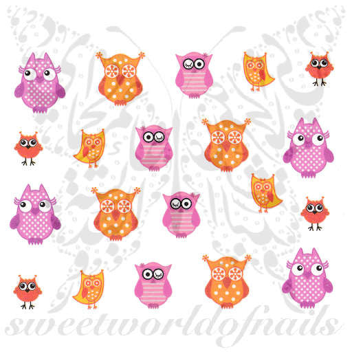 Owls Nail Art Pink and Orange Owls Nail Water Decals Slides
