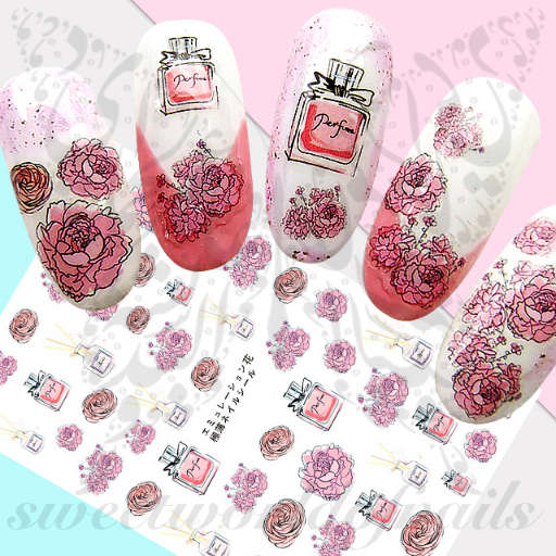 Perfume Pink Flowers Nail Art Stickers