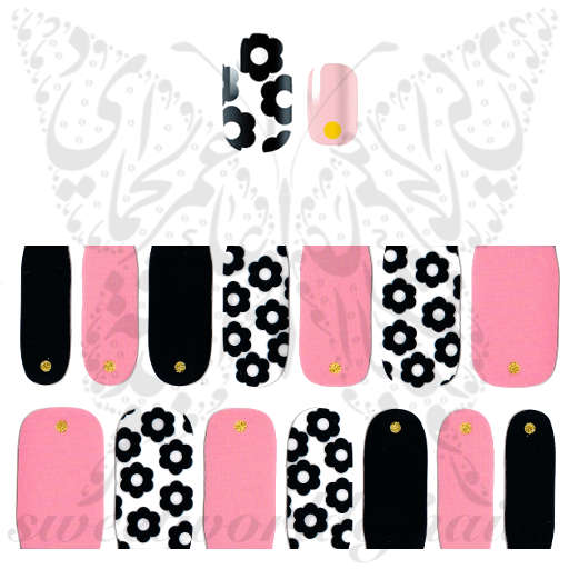 Pink Black Flower Nail Art Full Nail polish wraps stickers