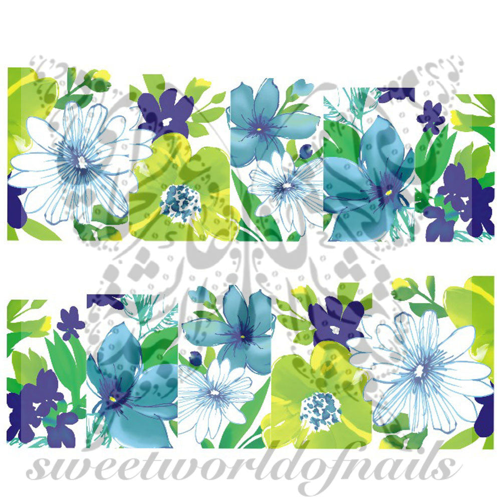 Blue Flower Full Nail Wrap Nail Art Nail Water Decals Transfers Wraps