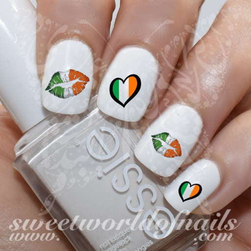 Saint Patrick's day Nail Art Irish Flag Heart Kiss Lips Nail Water Decals Water Slides