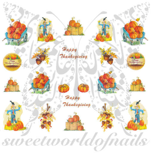 Happy Thanksgiving Nail Art Pumpkins Acorns and Scarecrow Water Decals