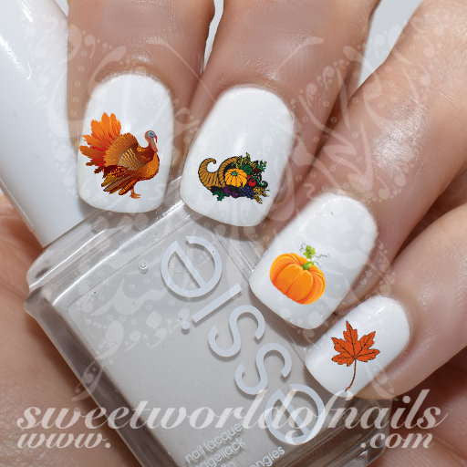 Thanksgiving Nail Art Turkey Pumpkin Cornucopia Autumn Leaf Nail Water Decals