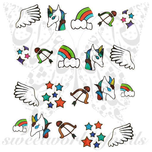 Unicorn Nail Art White Wings Stars Rainbow Nail Water Decals Water Slides