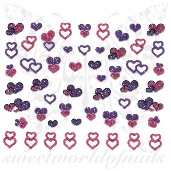 Valentine´s Day Nail Stickers Purple Pink Glittery Hearts