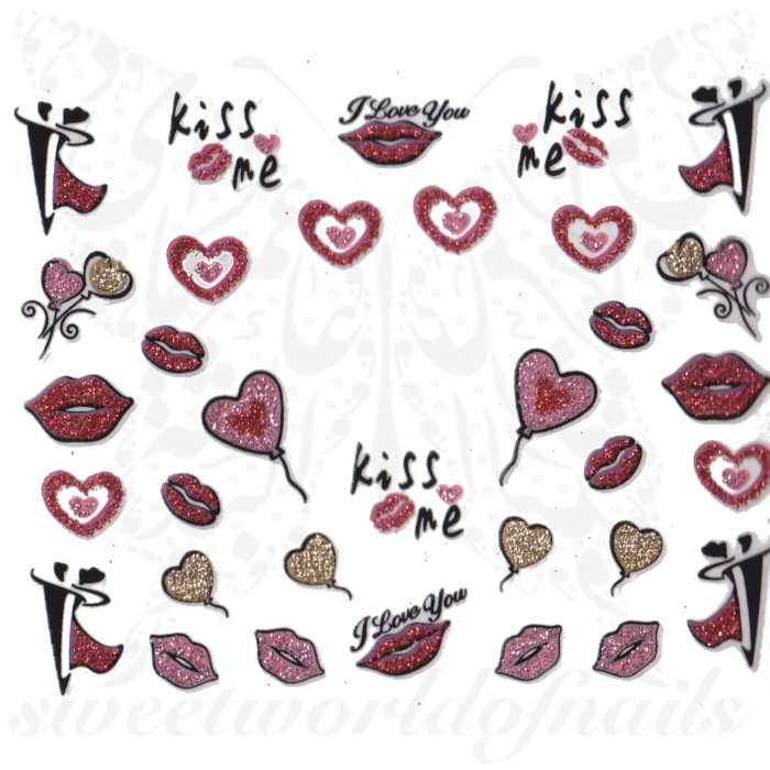 Valentine´s Day Nail Stickers Red Pink Lips Glittery Hearts