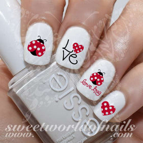 Valentine's Day Nail Art Ladybug Ladybird Love bug Red Hearts Nail Water Decals 