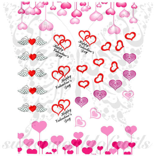 Valentine's Day Nail Art Pink Red Hearts Wings Nail Water Decals Water Slides