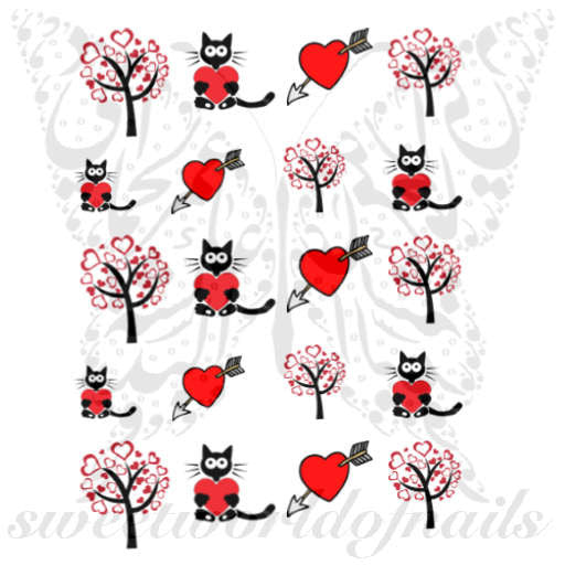 Valentine's Day Nail Art Red Hearts Cat Tree Nail Water Decals Water Slides