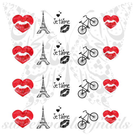 Valentine's Day Nail Art Paris Love Red Lips Je T'aime Eiffel Tower Nail Water Decals 