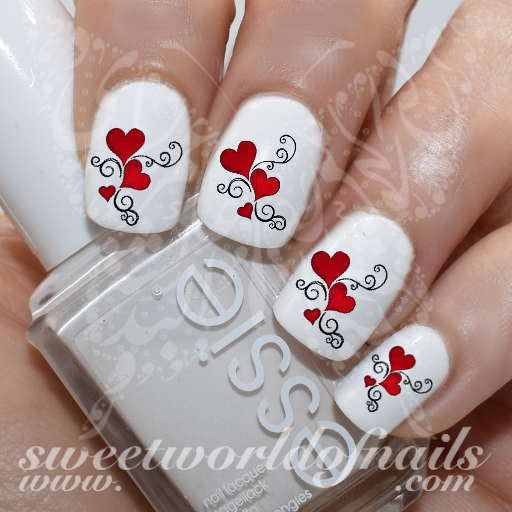 Valentine's Day Nail Art Red Hearts and Swirls Nail Water Decals Wraps