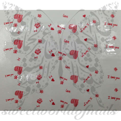 Valentine's Day Nail Art Water Decals Red Heart I love You White Butterfly Water Slides