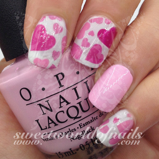 Valentine s Day Nail Art Water Full Wraps Pink Hot Pink Hearts