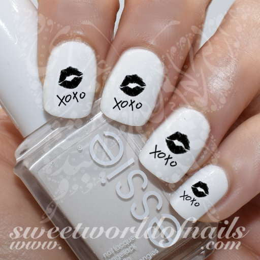 Valentine's Day Nail Art XOXO Black Lips Nail Water Decals Water Slides