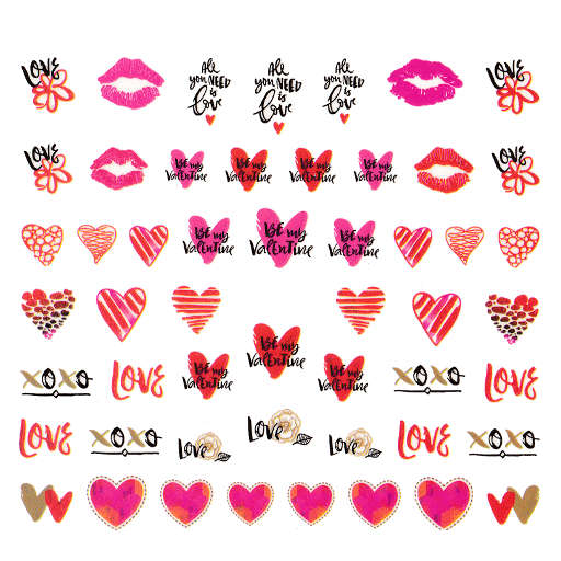 Valentine's day nail art hearts lips and xoxo nail water decals
