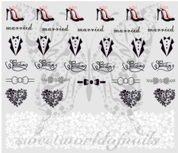 Wedding Nail Art Married Tuxedo High Heels Heart Bow Nail Water Decals Water Slides