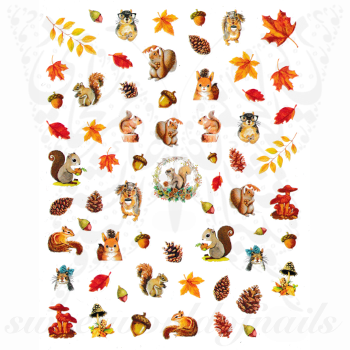 Autumn Squirrel Pine cone Leaves Nail Stickers