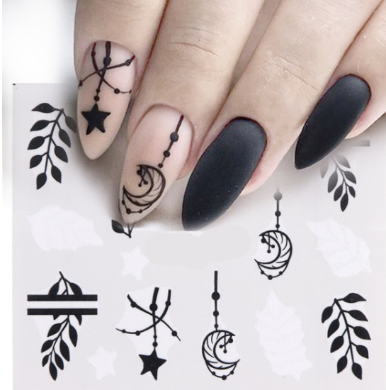 Black White  moon star Leaves Nail Water Decals