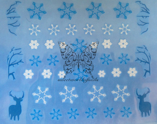 Christmas Nail Art blue and white snowflakes Blue reindeer Water Decals Water Slides