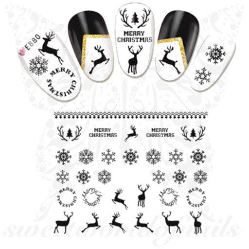 Christmas Nails Black Reindeer and snowflakes Stickers